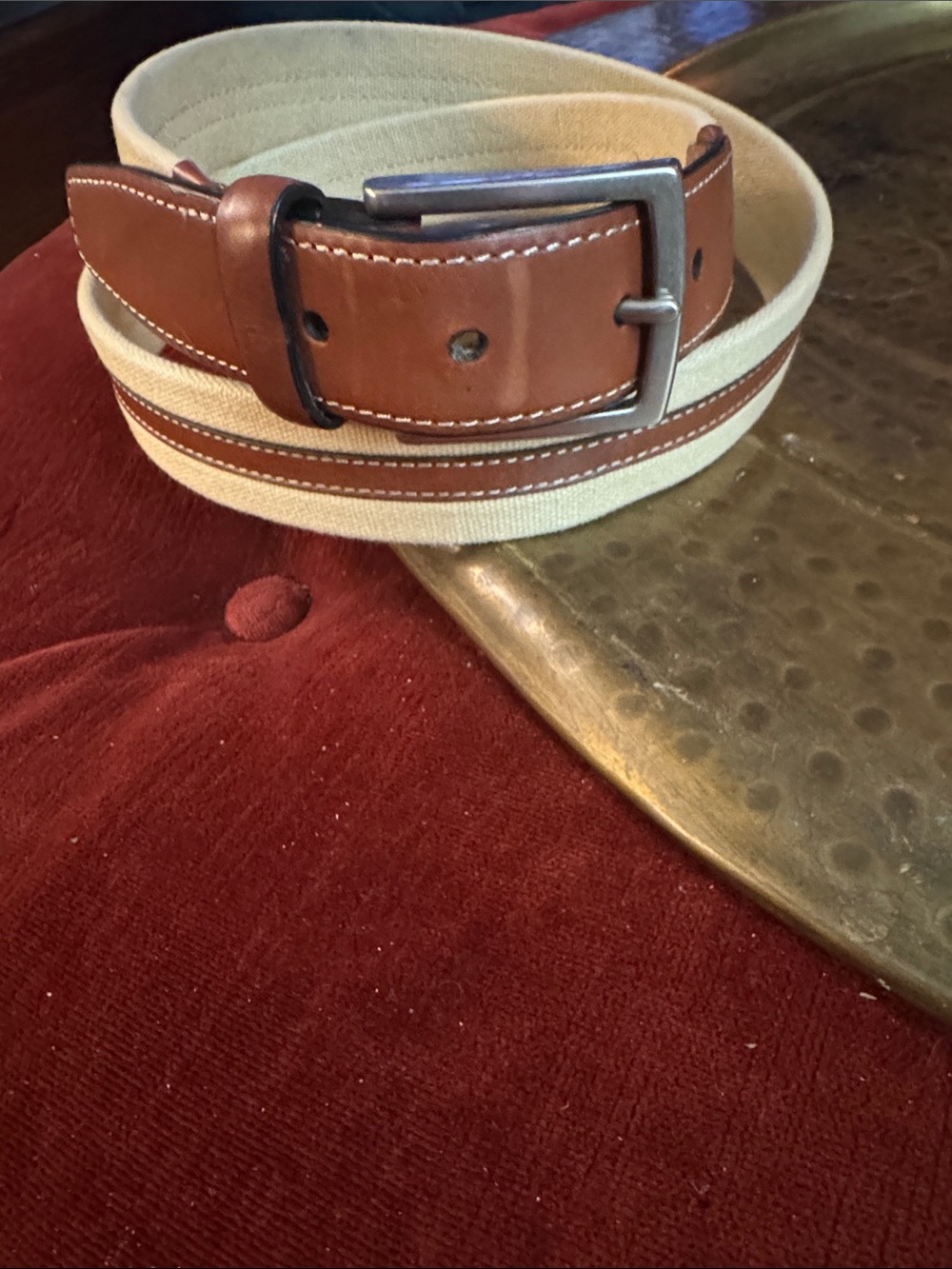 Dockers Beige Canvas Belt with Brown Leather Trim